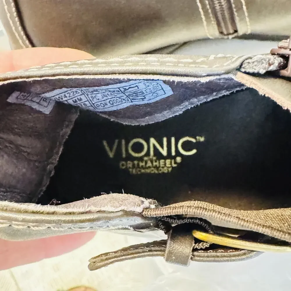 Vionic Boots Womens 10 Brown Leather Adrie Ankle Zip Buckle Flat Booties Shoes